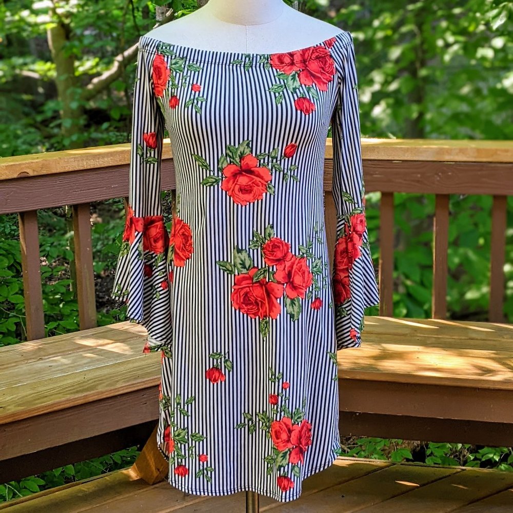Striped & Floral Off-the-Shoulder Mini Dress